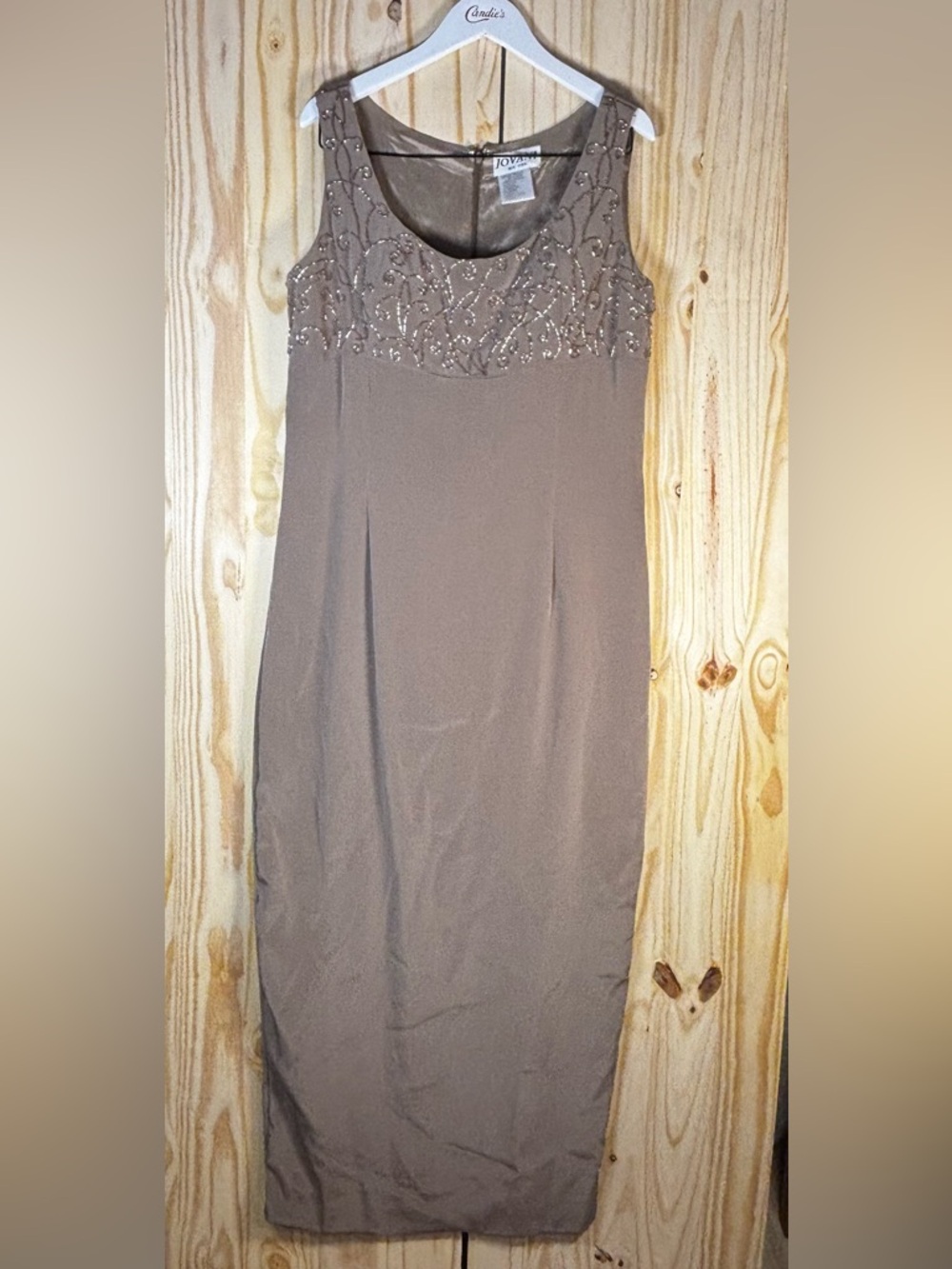 Jovani Taupe Beaded Sleeveless Midi Dress